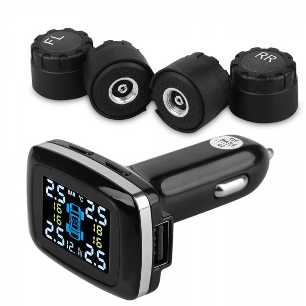Kit Monitor e Sensor Pressão Temperatura de Pneus TPMS Wireless Universal com USB