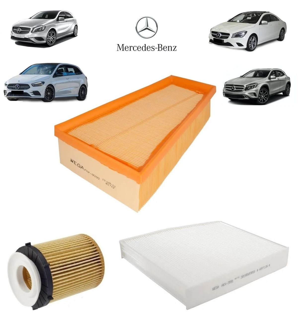 Kit Filtros Mercedes GLA CLA A200 A250 B200 CLA200 CLA250 GLA200 GLA250 Filtro Óleo Ar e Ar Condicionado Cabine Wega