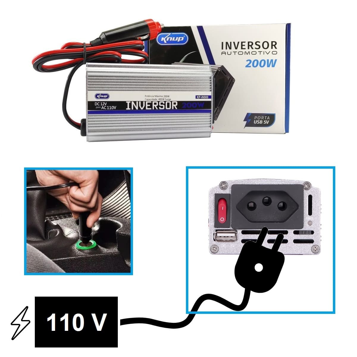 Inversor 12v Acendedor P/ Tomada 110v Conversor 200w Knup