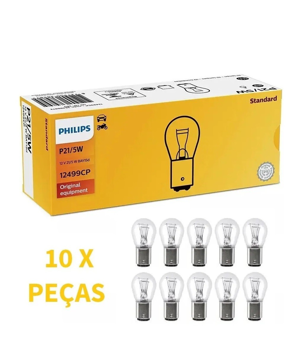 Caixa c/ 10 Lâmpadas Freio Lanterna Philips Original 12v P21/5w 2 Polos