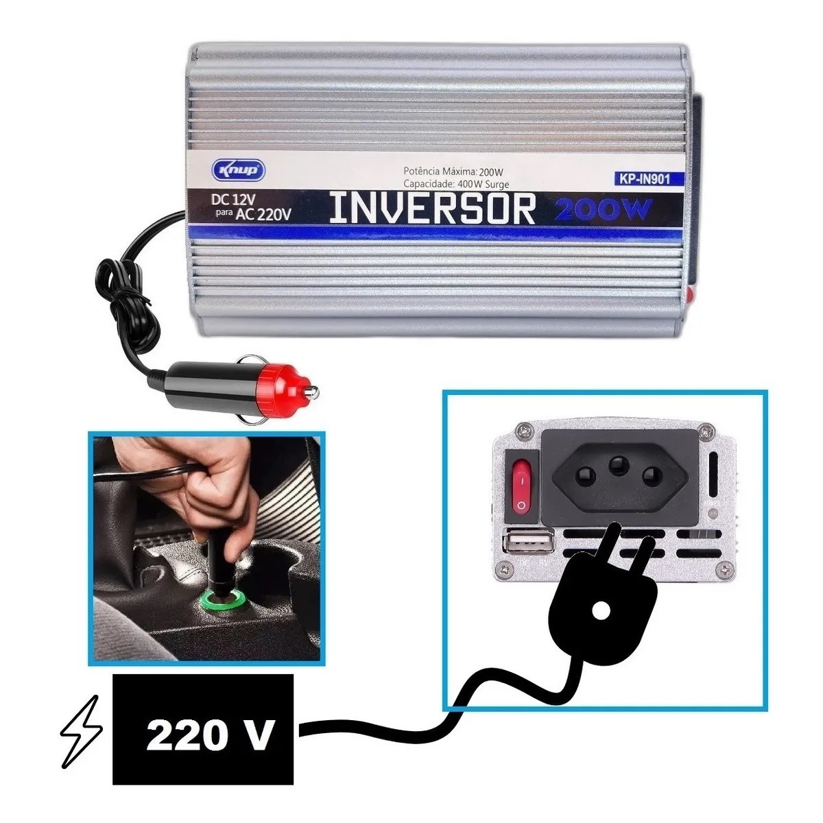Inversor 12v Acendedor P/ Tomada 220v Conversor 200w KNUP